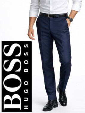 Hugo Boss 100% Wool Navy Dress Pants Slim Flat Front Tailored Size 34R